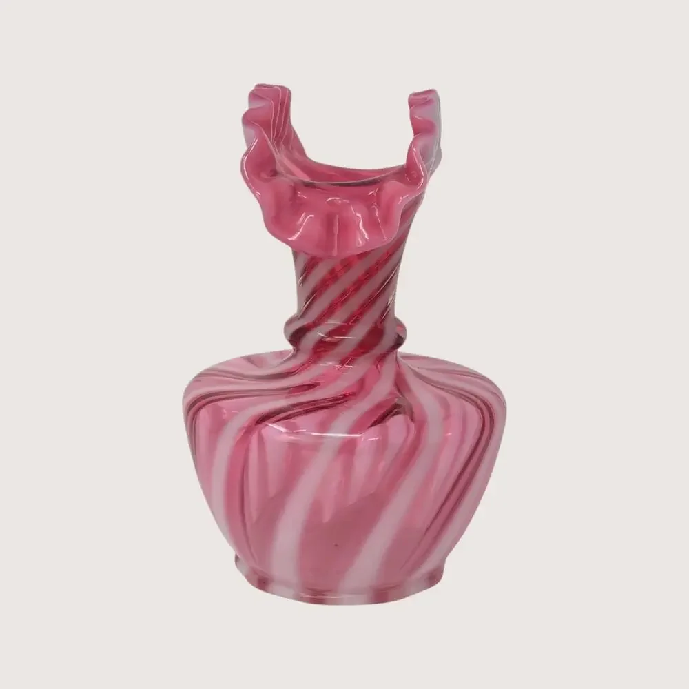 1940s Fenton Glass Pink Opalescent Spiral Swirl Double Crimped Fluted Fan Vase